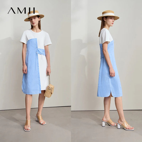 រ៉ូបរដូវក្តៅ AMII Minimalism សម្រាប់នារី កអាវខ្លី ដៃខ្លី ឆ្នូតយឺត ពណ៌ផ្ទុយ រ៉ូបចូលរួមពិធីជប់លៀង 12542262