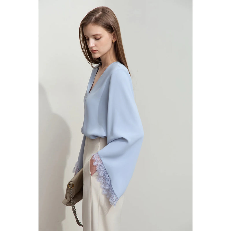 Amii Shirts for Women 2026 Fashion Long Sleeve V-neck Casual Loose Cuffs Lace Chiffon Blouses Ladies Elegant Shirts 12521015