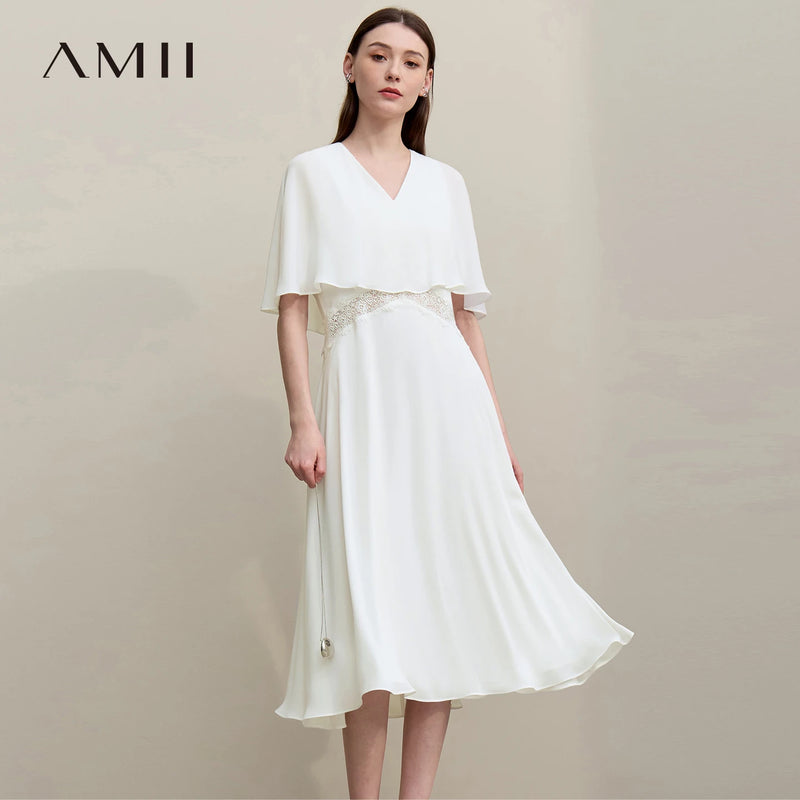 Amii Women's Dress 2026 Summer V Neck Lace Cutout Fitted Waist Women's Casual Dresses Holiday Slim Chiffon Midi Skirt 12652057