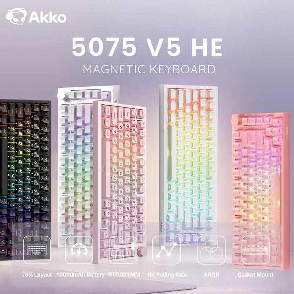 Akko Hall Effect Magnetic Keyboard 5075 V5 75% RT0.001mm 8K USB Type-C/2.4g&BT5.0 Wireless ARGB Custom Gamer Keyboard Gasket