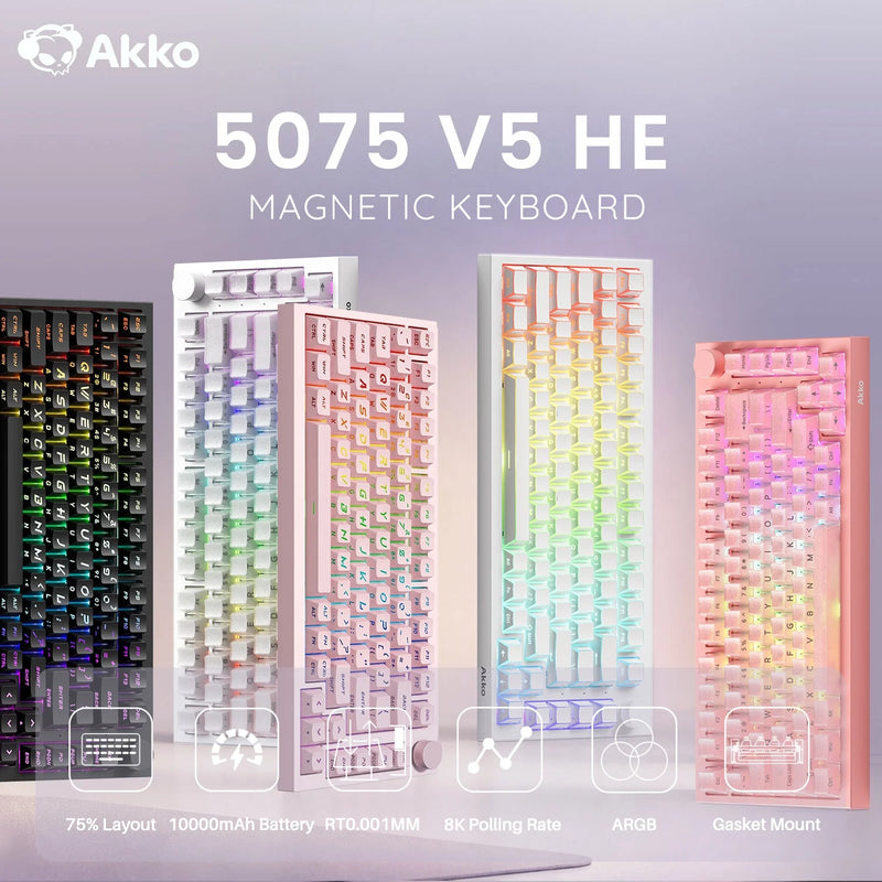 Akko Hall Effect Magnetic Keyboard 5075 V5 75% RT0.001mm 8K USB Type-C/2.4g&BT5.0 Wireless ARGB Custom Gamer Keyboard Gasket