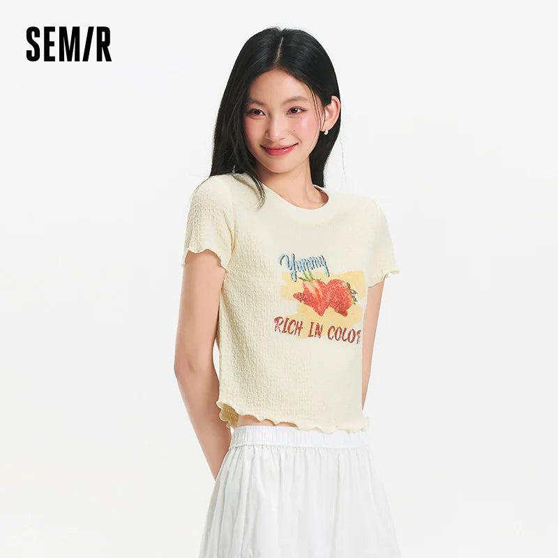 Semir Women Fruit Print T-Shirt Ruffle Hem Textured Slim Fit 2025 Summer Soft Aesthetic