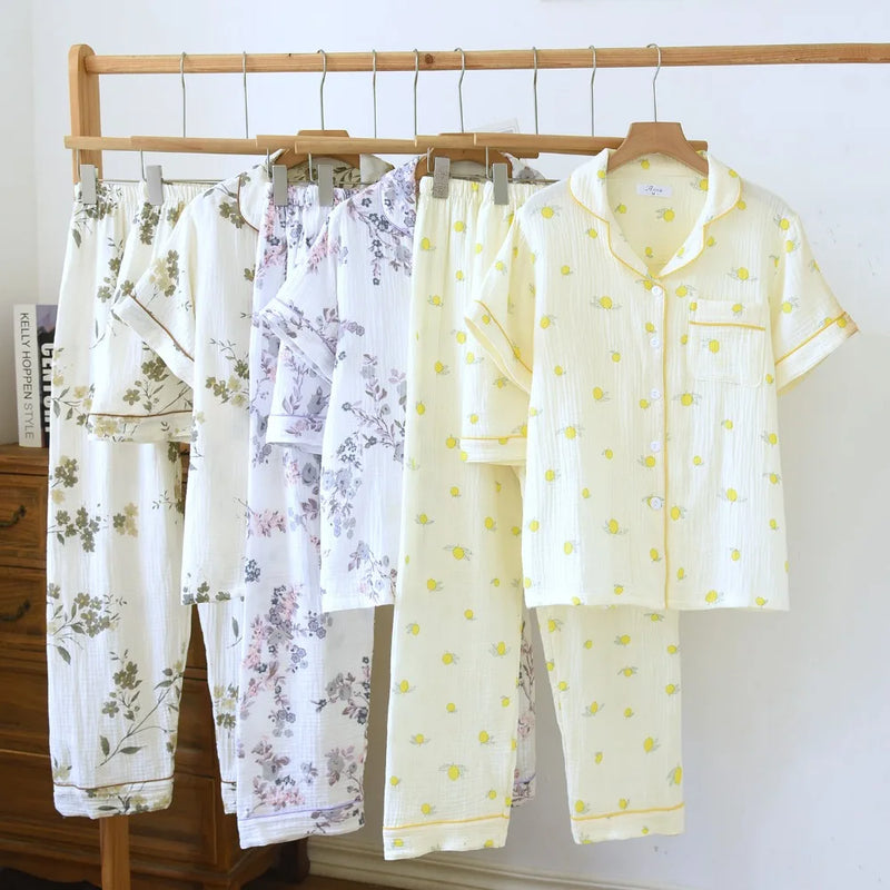 Women's Summer 3PCS Pajama Sets Lapel Short Sleeve Sleepwear Homewear Loungewear Cardigan Home Suit Pijama Night Wear Female