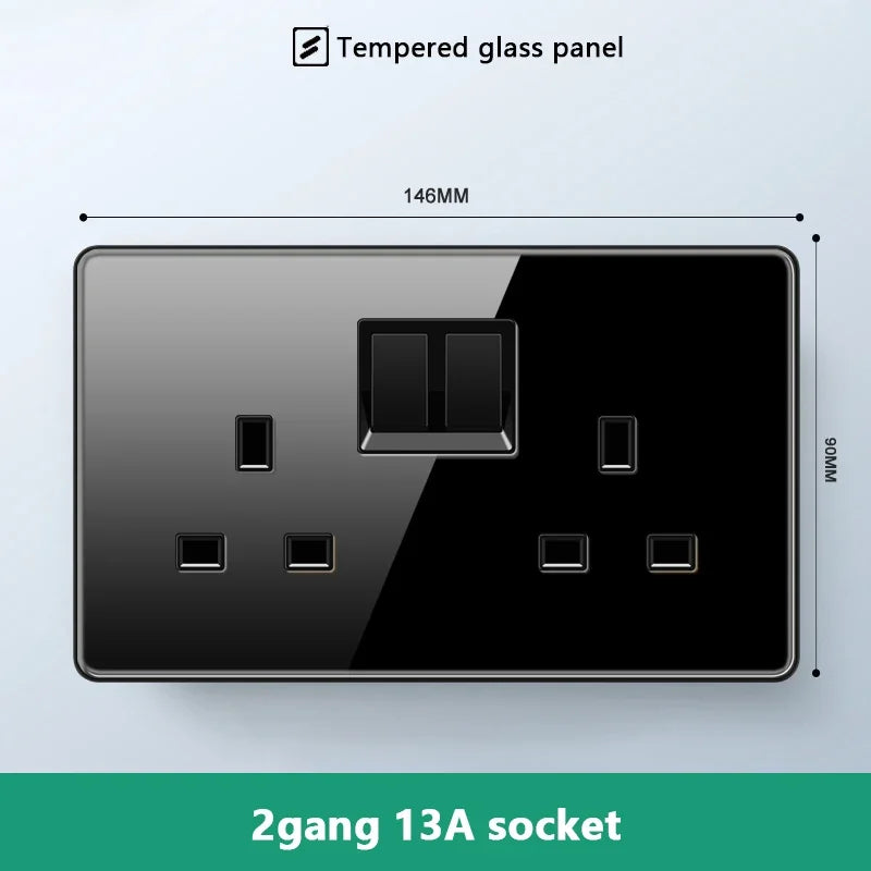 UK 13A Wall Socket with Type-C 18W Fast Charging Plug Socket,Glass Panel Power Double Universal Outlet with Quick USB C charge