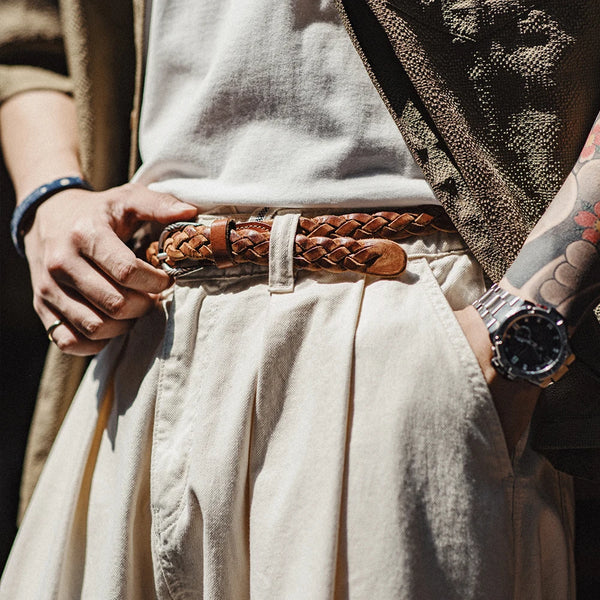 ខ្សែក្រវាត់ Maden Vintage Woven Vegetable Tanned Cowhide Leather Belt Accessories with two layer cowhide for Men's Versatile Brown Belt