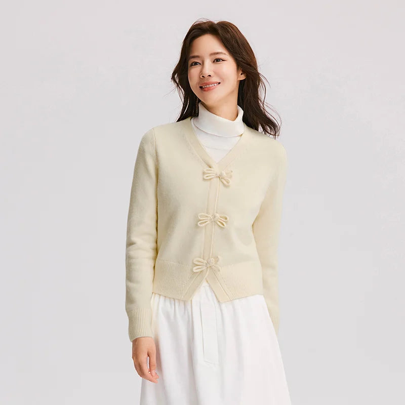 Semir Women Cardigan Bow Toggle V Neck Soft Knit Slim Fit Cropped Sweater 2026 Vintage Everyday Layering Knitwear Top