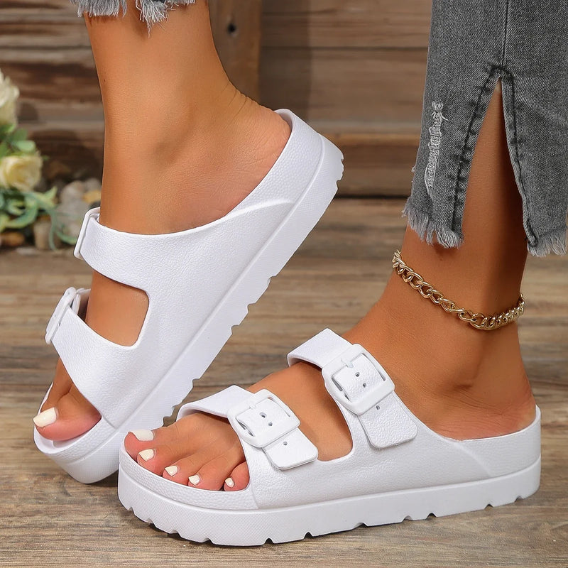 4cm High Ladies Slippers with Two Straps Double Buckles Platform Sandals Women Slides Cushion Lightweight 12 Colors Options