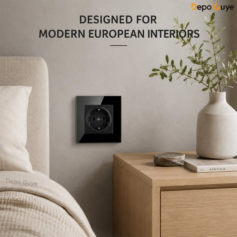 European Standard 4 Gang Wall Power Socket 16A Glass Panel with Dual USB Type-C Ports White/Black Industrial Home Hotel