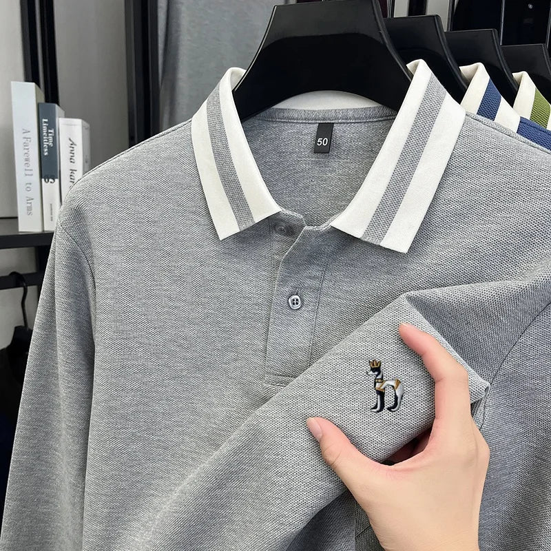 100%cotton Luxury Man Long-Sleeved Polo Shirt Button Lapel Dog Embroidery British Style Spring New Long Sleeves Leisure MensWear