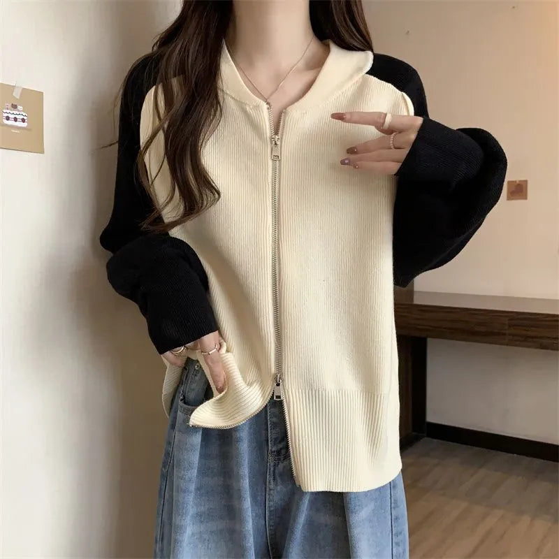 អាវក្រៅ Cardigans ពណ៌ផ្ទុយគ្នាសម្រាប់ស្ត្រី អាវក្រោះក្រាស់ថ្មីសម្រាប់ស្ត្រី អាវក្រៅនិទាឃរដូវរដូវស្លឹកឈើជ្រុះ