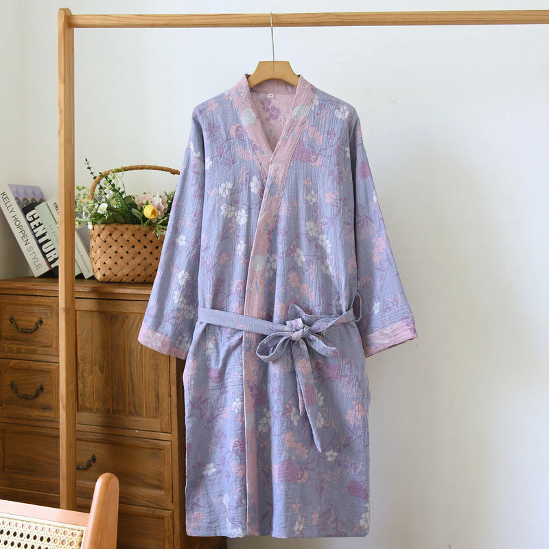 Kimono Robe Women's Bathrobe Female One Piece Pajamas Loungewear for Spring and Autumn 2026 New Floral 100% Cotton Home Servic