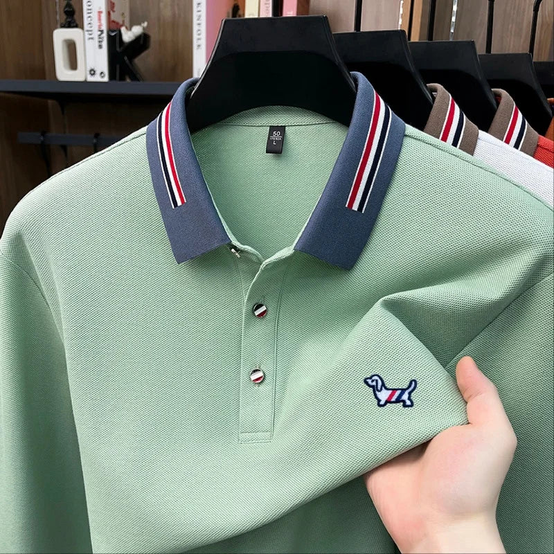 Designer Edition 100%Cotton Man Long-Sleeved Polo Shirt Lapel Button Color Blocking Dog Embroidery Autumn New Leisure Men's Wear