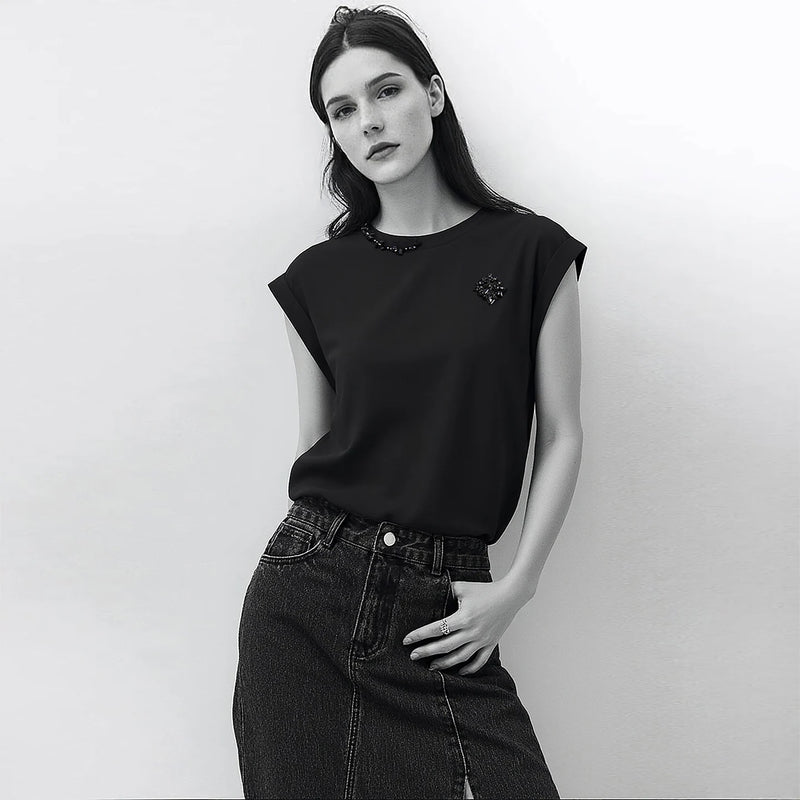 Amii Women's Short Sleeve Tee 2026 Summer New Round Neck Rhinestone Ribbon Stretch Cotton Tee Casual Top For Women 12622034