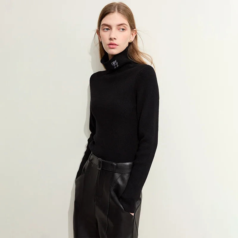 AMII Sweater Women 2026 Winter New Knitted Tops Woman Basics Slim Versatile Turtleneck Embroidery Ladies Sweater 12364007