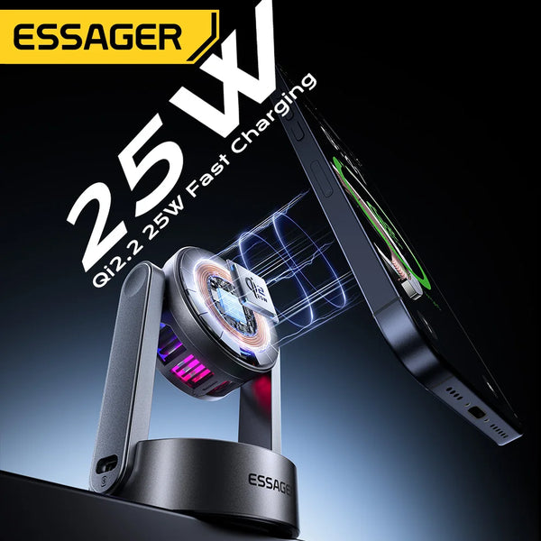 ឆ្នាំងសាកឥតខ្សែ Essager Qi2.2 25W ម៉ាញេទិក 3 ក្នុង 1 ជើងទម្រសាកថ្មលឿន សម្រាប់ iPhone17 16 Pro Max Samsung S25 នាឡិកា កាសស្តាប់ត្រចៀក AirPods