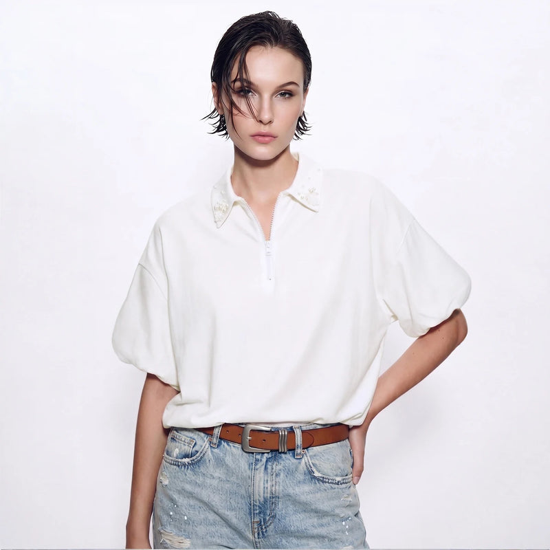 Amii Women's T-Shirt 2026 Summer New Lapel Collar Beaded Zip Drop Shoulder Cotton Tee Casual Short Sleeve Top For Women 12622097