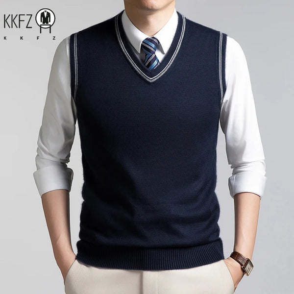 Mens V Neck Sleeveless Knit Waistcoat Contrast Rib Trim Soft Slim Sweater Vest For Daily Formal Wear In Autumn