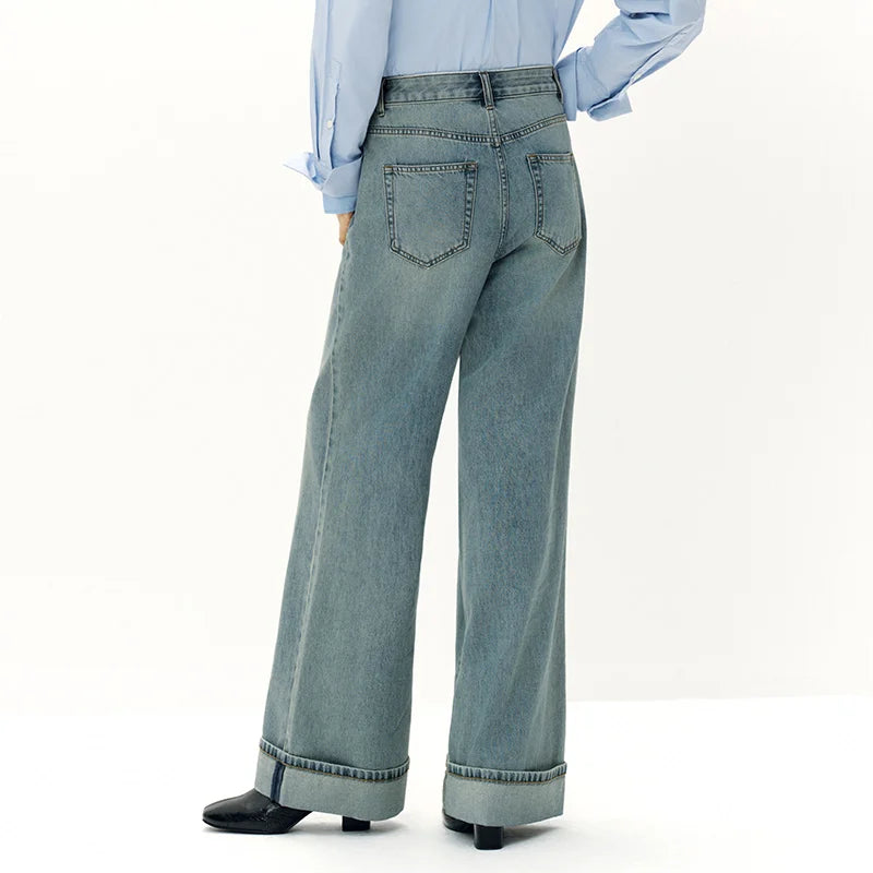 Semir Women Jeans Cuffed Split Wide Leg Loose Long Leg Look 2026 Autumn Street Style Soft Casual Denim Pants Daily Wear