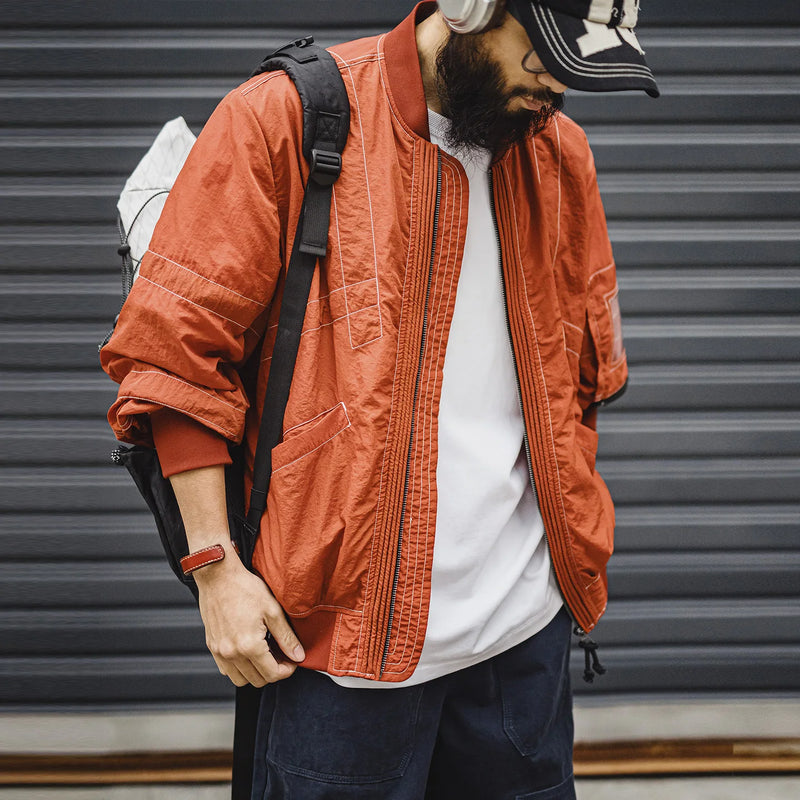 Maden Men‘s Vintage MA-1 Bomber Jacket Red Lightweight Pilot Coat with Zipper Classic Baseball Style Jacket for Spring Autumn