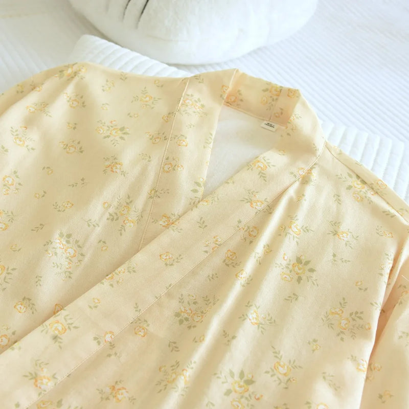 Floral Women's Sleep Robes Sleepwear Women Spring Autumn 100% Cotton Long Sleeve V Neck With Belt Bathrobe Female Loose Robe
