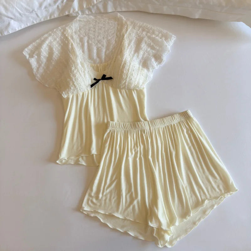 Thin Summer New Pajama Set Woman Nightwear Elegant Short Sleeve Two-Piece Homewear Chest Pads Sleepwear Women's Home Clothes