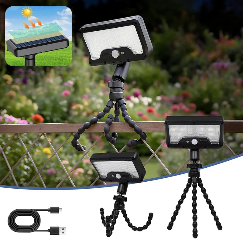 ភ្លើងជញ្ជាំងសូឡាប្រភេទ Tripod Octopus ចំនួន 92 អំពូល LED ដំណើរការដោយ USB អាចលៃតម្រូវមុំបាន ឧបករណ៍ចាប់សញ្ញាចលនា ភ្លើងផ្លូវសូឡា សម្រាប់បំភ្លឺសួនច្បារ ទីធ្លា