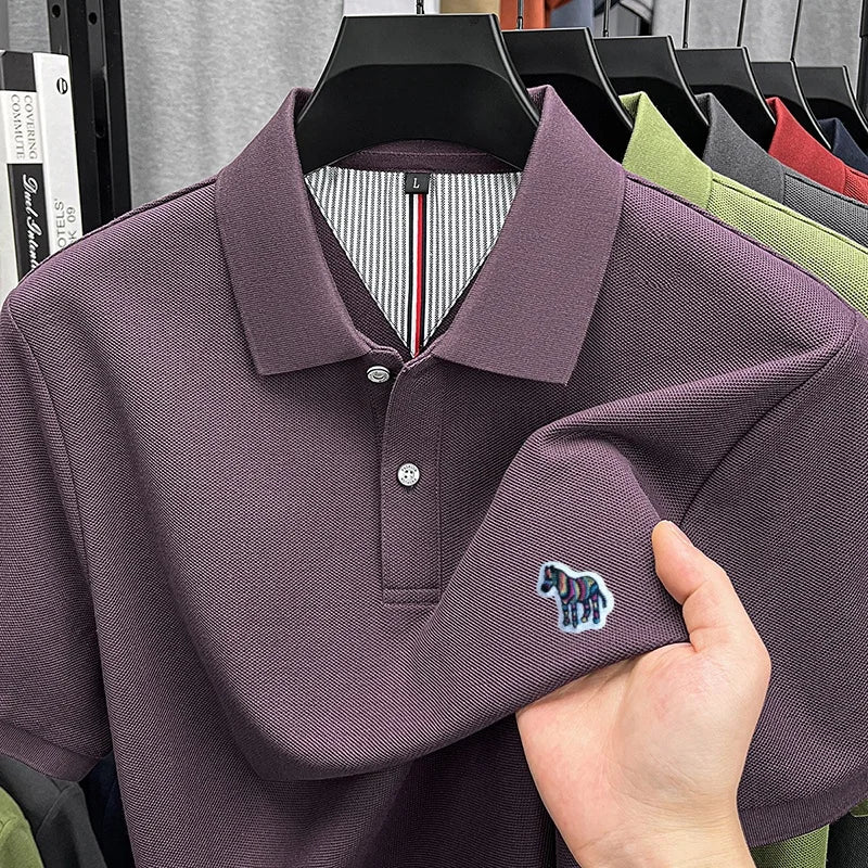 High Quality 100% Cotton Summer Man Short-Sleeved Polo Shirt Lapel Button Slit Hem Zebra Embroidery Snug Ventilate Men'sClothing