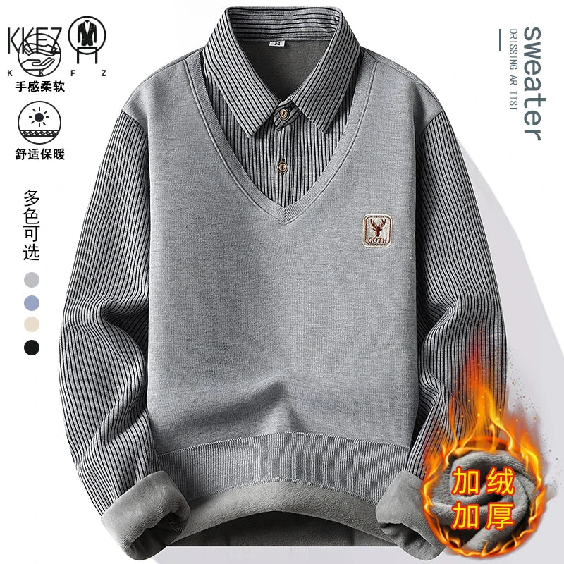 Men Daily Wear Knit Pullover Fake Two Piece Design Striped Long Sleeve Lapel Shirt Style V Neck Knitted Sweater