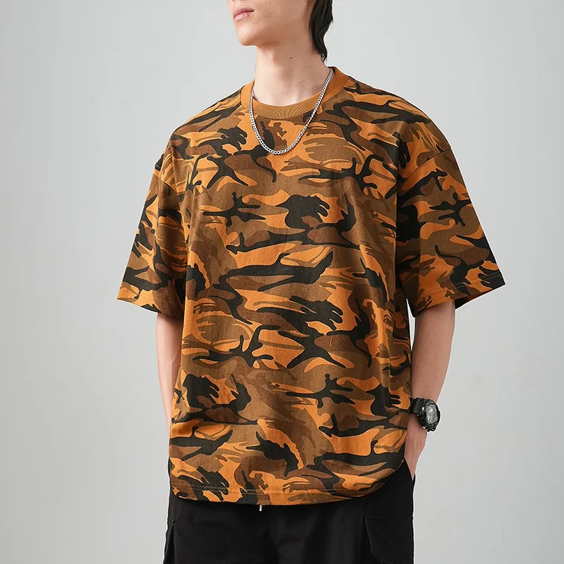 DUKEEN 320G Heavyweight Camouflage Men's T-Shirt 100% Cotton Summer Vintage Trend Crew-Neck Short Sleeve Tees Unisex