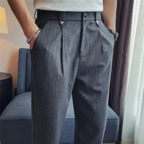 Men's Elastic Waist Straight-Leg Striped Trousers Slimming Herringbone Texture Dress Pants with Natural Drape Wrinkle Resistance