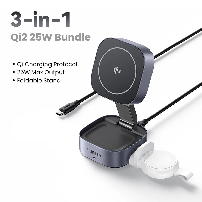 UGREEN Qi2.2 25W 2-in-1 Magnetic Wireless Charger Stand Fast Charging Stand Charger For iPhone 16 17/AirPods Magflow Charger