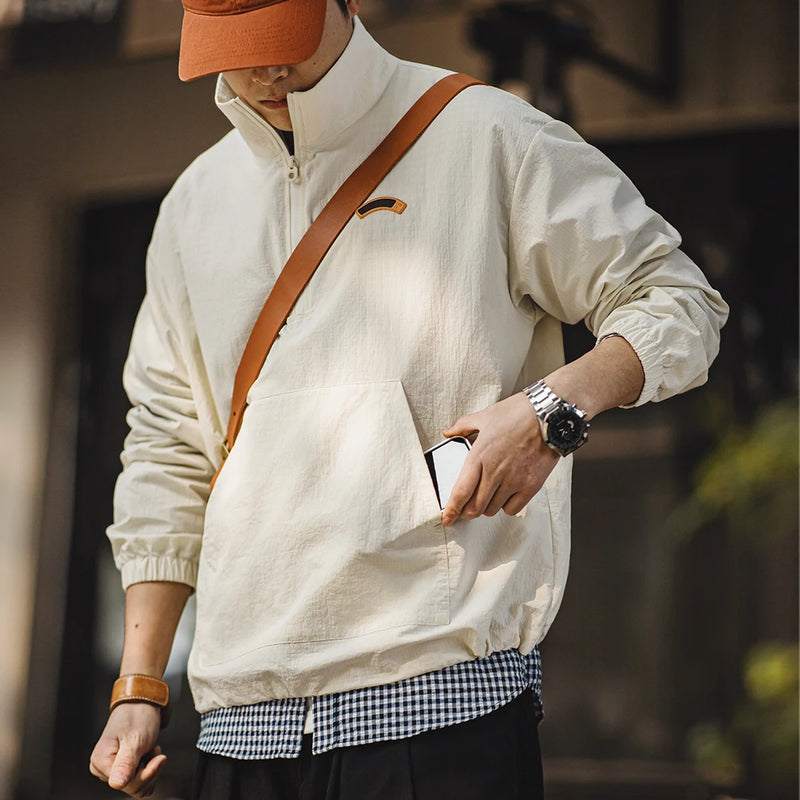 អាវក្រៅ Maden Vintage Half-Zip Stand Collar Jacket Cityboy Outdoor Hoodie Men Spring Casual Sweatshirt Sporty Urban Streetwear