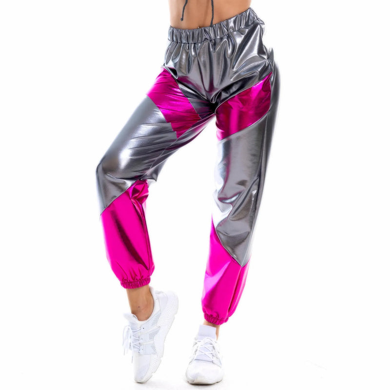 2026 New Women's Blue-Black Pants, Elastic Waist Color-Blocked Trousers, Perfect for Nightclubs/Parties/Dancing.