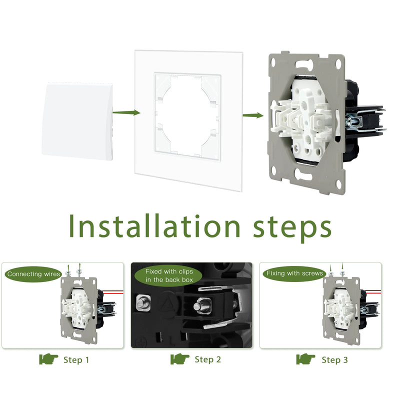 BSEED EU Standard Wall Light Switch 1/2Gang 1/2Way Toggle Switch Glass Panel White Color Wall Switch On Off 10A 250V for Stairs