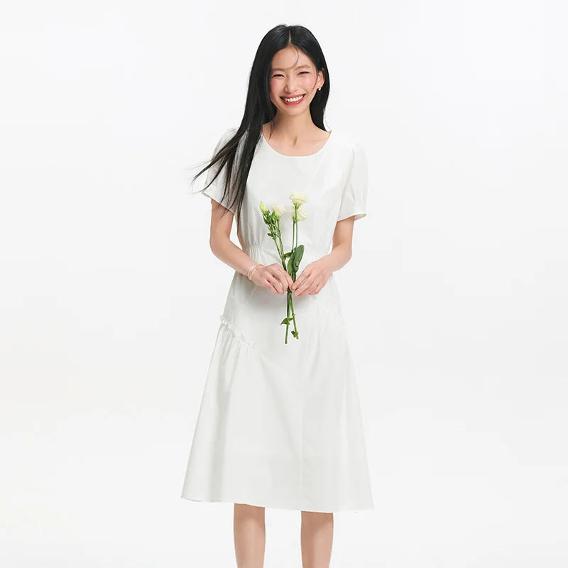 Semir Women Dress Irregular Spliced Ruffle Puff Sleeve Waist Trimming Stylish Midi 2026 Elegant Fashion Casual Daily Wear