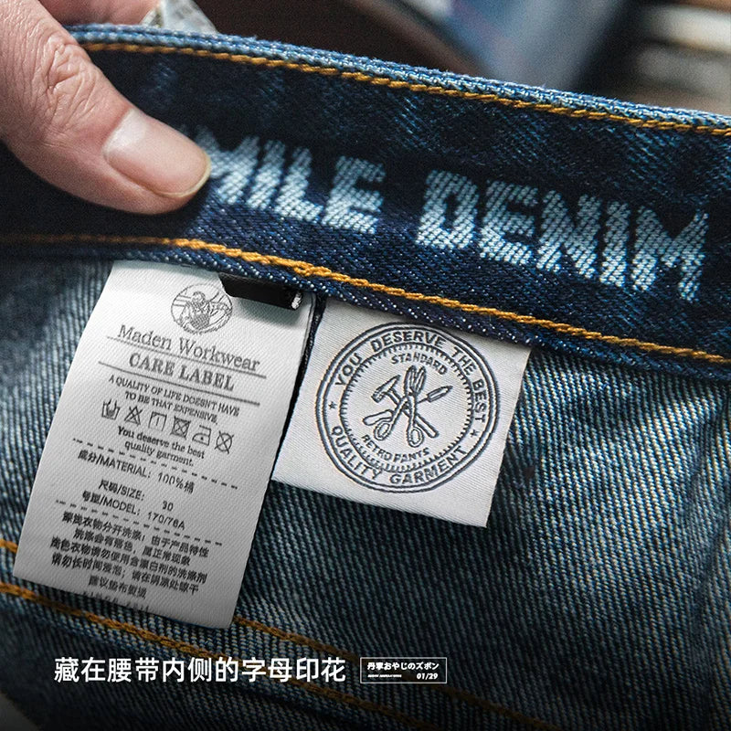 ខោខូវប៊យ Maden លាងសម្អាត Denim ទំហំ 12.8 អោន ខោរលុងបែប Retro ខោប៉ោង ទំហំធំ 28-38 សម្លៀកបំពាក់បុរសទាន់សម័យ មាន 2 ពណ៌
