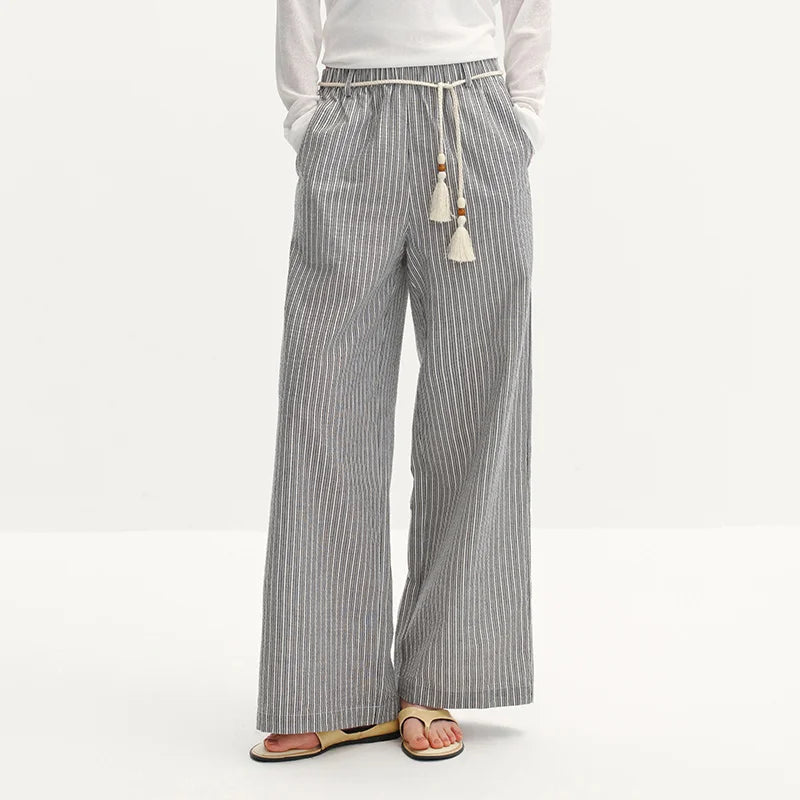 Semir Women Pants Striped 2026 Soft Drape Wide Leg Belted Urban Casual Everyday Style Soft Comfortable Daily Wear Trendy