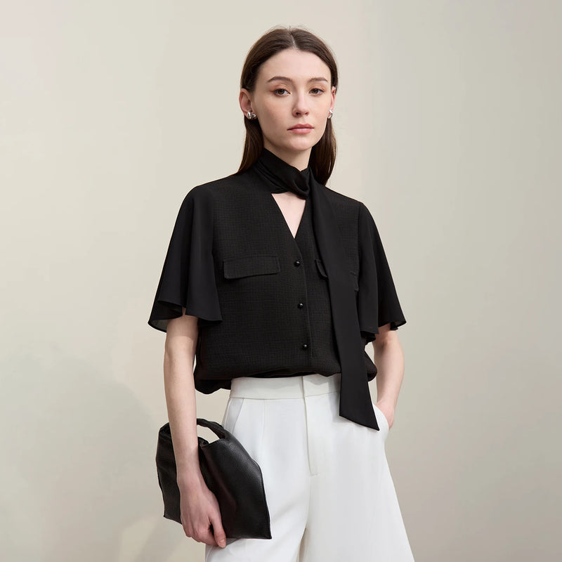 Amii Women's Chiffon Blouse 2026 Summer New Tie Neck Flutter Sleeve Acetate Top Elegant Casual Patchwork Blouse Female 12652043