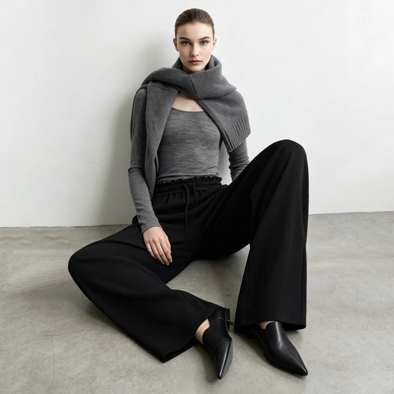 Amii Women Pants Minimalist Elastic Waist Loose Wide Leg Trousers 2026 Autumn New Commute Cotton Blend Woman Clothes 12623004