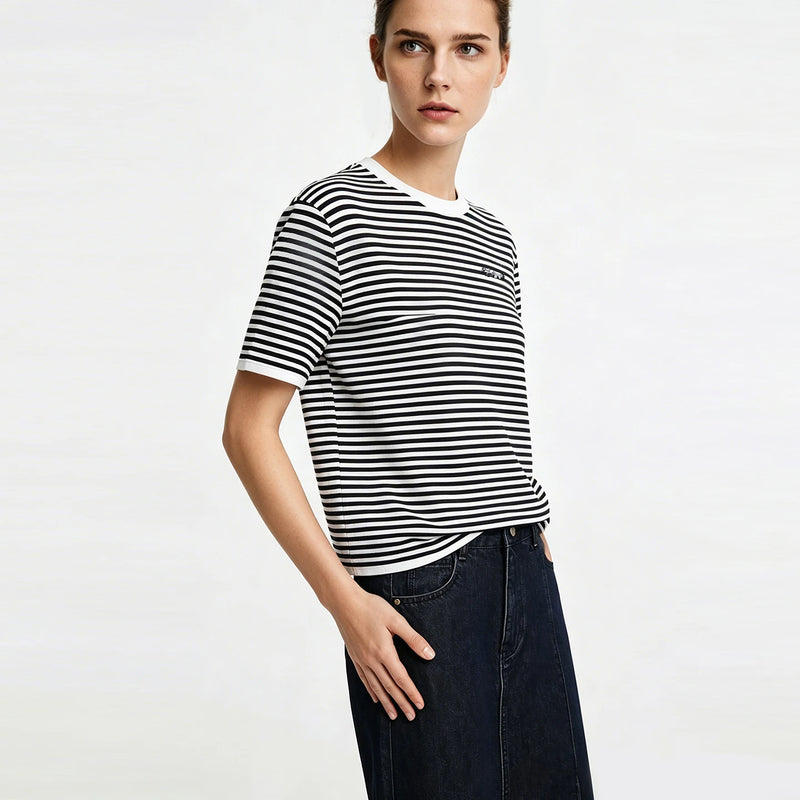 Amii Short Sleeve Knit Top 2026 Summer New O-Neck Women's Color Block Stripe Sweater Loose Casual Pullover For Woman 12642075