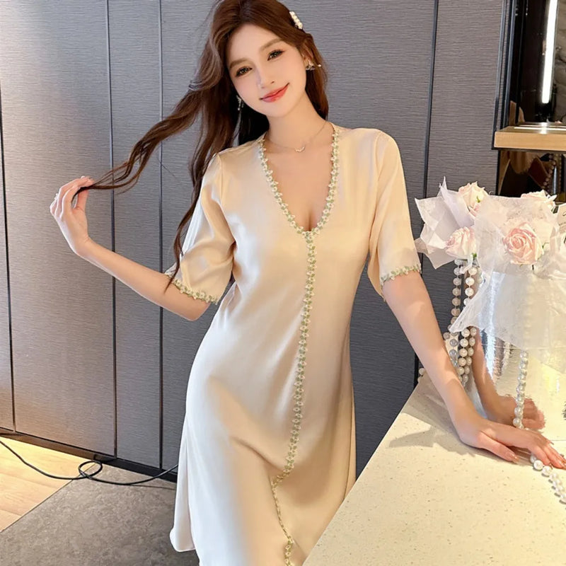 V-neck Women's Nightgown One Piece Pajamas Dress Elegant Summer Sexy Nightdress Home Clothes Short Sleeve Sleepwear Nighties