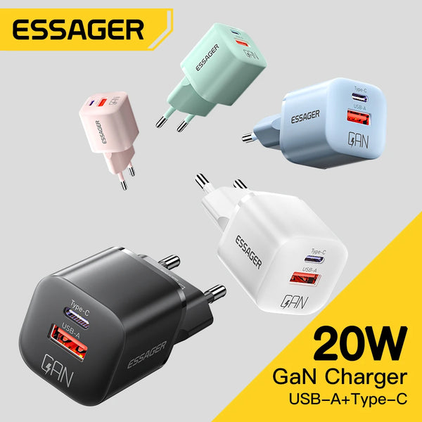 ឆ្នាំងសាក Essager 20W GaN USB Type C PD សាកថ្មលឿន QC 3.0 សម្រាប់ iPhone 15 14 13 12 Pro Max Mini iPad សាកថ្មបានលឿន
