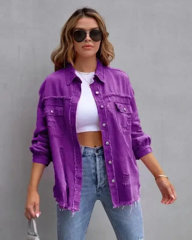 Women's Purple Mid-Length Raw Edge Ripped Denim Jacket, Red Long Sleeve Casual Lapel Coats Top, Green Blue Yellow Gray Optional