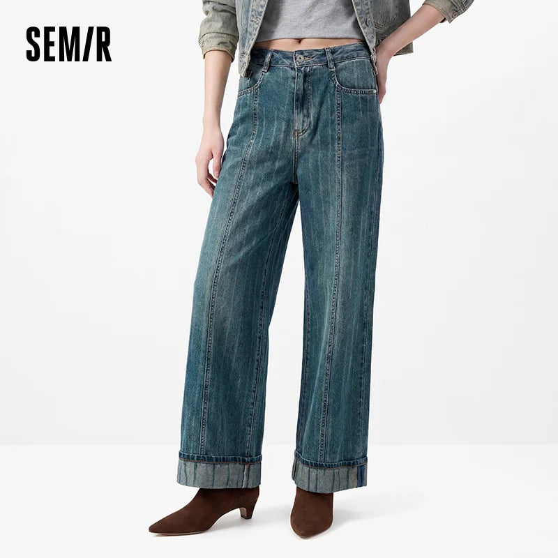 Semir Women Jeans Cuffed Split Wide Leg Loose Long Leg Look 2026 Autumn Street Style Soft Casual Denim Pants Daily Wear