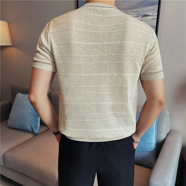 Men Two-Tone Linen Blend Knit T-Shirt – Summer Breathable Textured Short Sleeve Tee with Crew Neck  Casual & Smart Casual Wear