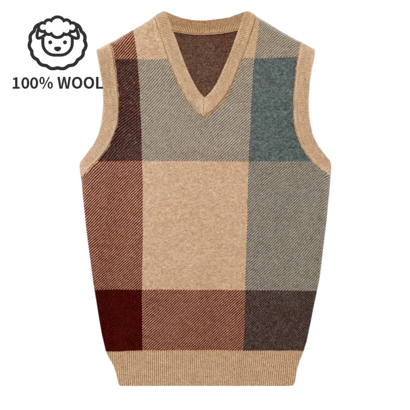 100% Wool Men's V-neck Vest, Warm for Spring and Autumn, Daily Versatile Pullover Vest.Stretchable M-4XL