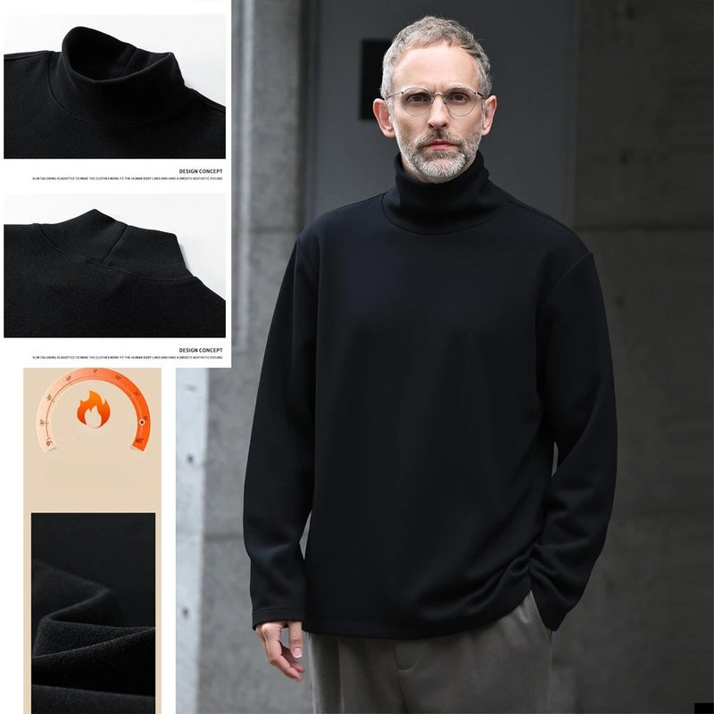 Men's Thermal Fleece High Neck Sweatshirt Self-Heating De Rong Base Layer Warm Long Sleeve T-Shirt Solid Color