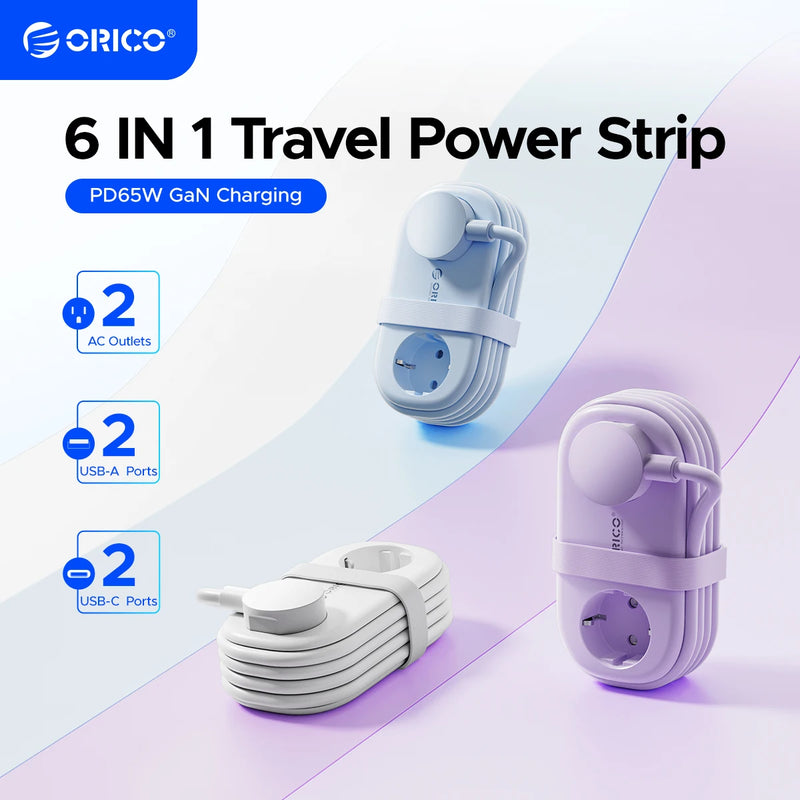ORICO Cable-Wrap Portable Travel Power Strip 65W GaN Fast Charging Station with 2 AC Outlets 2 USB 2 Type-C EU Plug Adapter Home