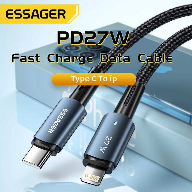 ខ្សែសាក Essager 27W USB C សម្រាប់ iPhone 14 13 12 11 Pro Max XS 20W ខ្សែសាកលឿន Type C ទៅខ្សែភ្លើងកាលបរិច្ឆេទសម្រាប់ iPad Macbook