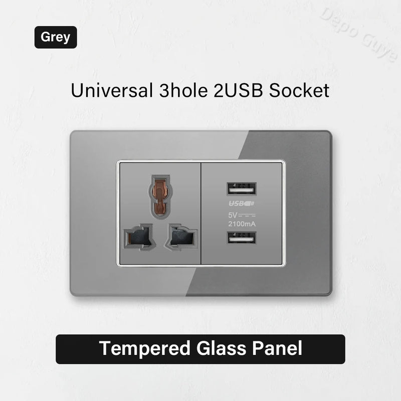 Type 118 Grey Tempered Glass Panel EU Wall Light Switch,Europe Wall Socket With USB Type-c 18W Quick Charge Outlet 118*75mm